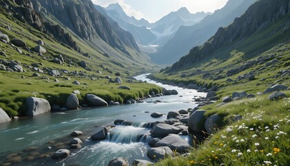 Crystal Clear Mountain River Flowing Through Green Valley with Snow Peaks