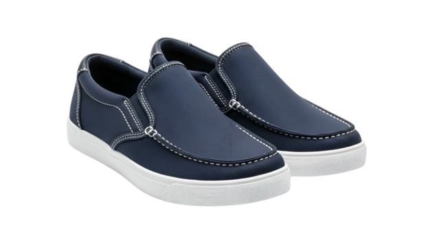 Pair of casual navy blue slip on footwear rests against a solid black background