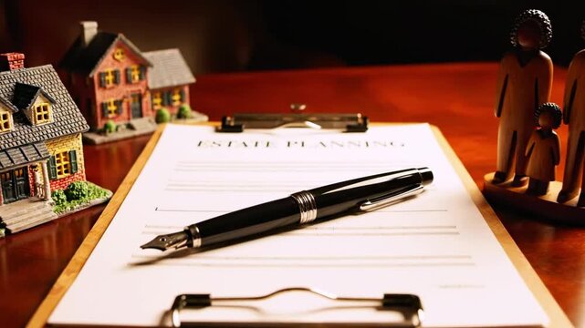 A fountain pen on estate planning document with model houses and family figurines