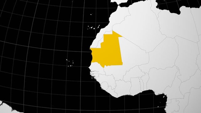 Mauritania map. Animated zoom into the country on the Globe in Black White color palette. Country logo animation. Map with meridians, parallels. Charming video.