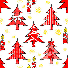 Modern Geometric Christmas Pattern with Trees and Candles. Red and White Festive Seamless Background with Xmas Decoration. Cute Graphic Design for Winter Holidays.