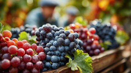Freshly Harvested Red and Black Grapes with Water Droplets in Wooden Crate