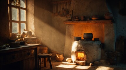 Cozy rustic kitchen with warm sunlight pouring through window, featuring wooden furniture, stone stove, pots, and natural food ingredients