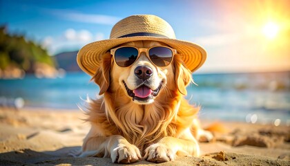 Smiling golden retriever wearing sunglasses and a straw hat at the beach