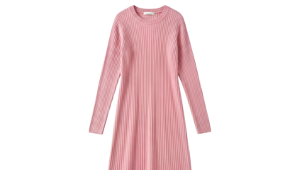 Long sleeved ribbed knit dress displayed against a solid black background