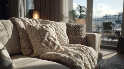 Cozy Knitted Blanket and Pillows on Sofa