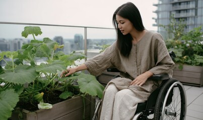A young woman gardener in a wheelchair tending to raised beds in her garden or backyard, a disabled farmer working in the garden, concept of accessibility and inclusive environment, AI-gen