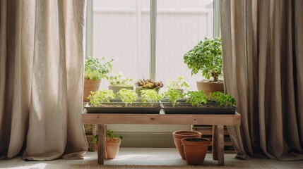 Window gardening as a city hobby, growing herbs or vegetables at home on a windowsill in a pot or mini greenhouse, homemade farm, generated by AI