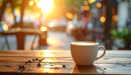 Steaming coffee cup with scattered beans on a wooden table, sunny bokeh