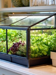 Window gardening as a city hobby, growing herbs or vegetables at home on a windowsill in a pot or mini greenhouse, homemade farm, generated by AI