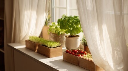 Window gardening as a city hobby, growing herbs or vegetables at home on a windowsill in a pot or mini greenhouse, homemade farm, generated by AI