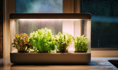 Window gardening as a city hobby, growing herbs or vegetables at home on a windowsill in a pot or mini greenhouse, homemade farm, generated by AI