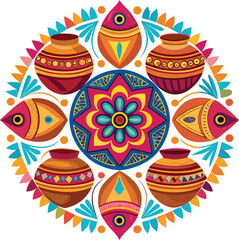 A vibrant, circular mandala design features colorful pots and fish motifs arranged symmetrically around a central floral pattern. Accents in red, blue, yellow, and orange create a festive look.