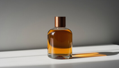 Minimalist amber perfume bottle standing on white surface with soft sunlight reflection. Elegant product photo for fragrance branding or luxury cosmetic advertising.