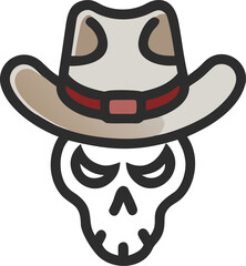 A cartoon skull wearing a wide-brimmed cowboy hat with a red band. The design has a playful yet edgy tone, set against a plain white background. Keywords: skull, cowboy, hat.