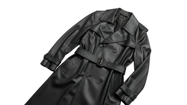 Sleek black leather trench coat displayed diagonally against a solid dark background