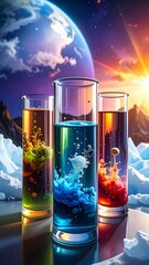 Three beakers filled with colorful fluids, an icy landscape backdrop