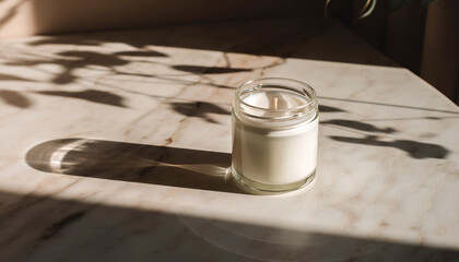 Scented white candle in transparent glass jar on marble table with sunlight and soft leaf shadows. Relaxing home decor, spa, or self-care product photography concept.