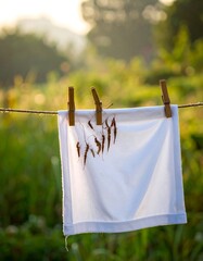 Simple white cloth hanging on a line, dried by the sun in nature