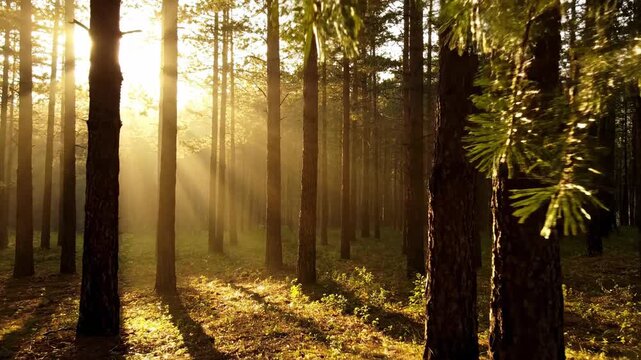 Sun rays piercing through towering pine branches in a forest, casting moving light and shadow patterns outdoors, serene, peaceful