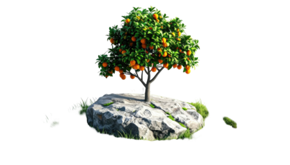 Orange tree atop a stone mound, foliage abundant