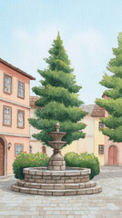 Obraz premium Charming Village Square Featuring a Beautiful Fountain Surrounded by Lush Green Trees and Historic Architecture in a Peaceful Outdoor Setting