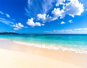 Tropical beach scene with blue ocean, clear skies, and white sand