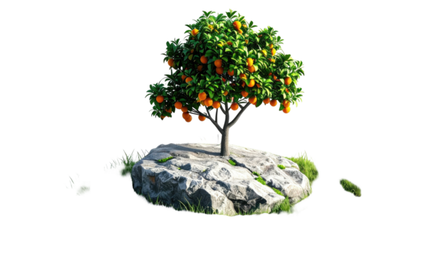 Orange tree atop a stone mound, foliage abundant