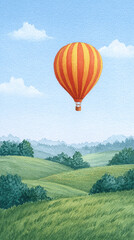 Fototapeta premium Experience the Beauty of Flight in a Colorful Hot Air Balloon Over Lush Rolling Hills and Clear Blue Skies, Perfect for Adventure Seekers and Nature Enthusiasts.