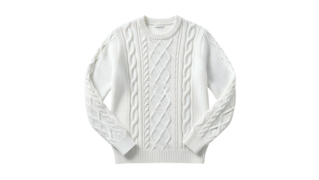 Knitted garment featuring prominent cable patterns is isolated on a dark background