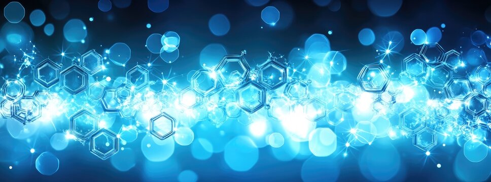 Blue hexagons floating, connecting in glowing, abstract space