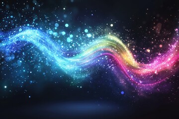Wavy light trail sparkles, blue-to-pink, on dark space