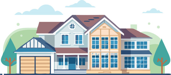 Illustration of a large, modern house with a two-car garage, blue and beige walls, and large windows. Trees and clouds in the background add a serene feel.