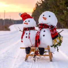Two snowmen, wearing hats and scarves, sit on a wooden sled in the snow