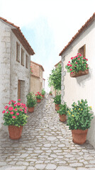 Fototapeta premium Explore a Charming Cobblestone Street Adorned with Colorful Flower Pots in a Picturesque Village Setting, Perfect for Nature Lovers and Travel Enthusiasts Seeking Scenic Beauty.