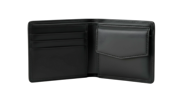 Open black leather bi-fold accessory displaying interior card slots and a flap coin compartment against a dark background