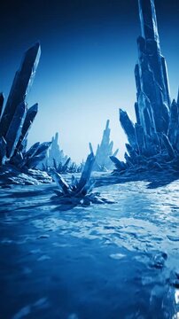 Vast Frozen Landscape With Towering Blue Ice Crystals Under A Clear Deep Blue Sky