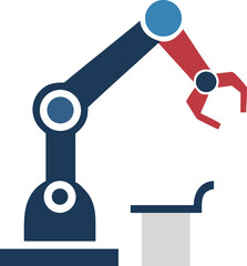 Illustration of a robotic arm in blue and red, positioned over a gray surface. The arm has multiple joints and a claw-like gripper, symbolizing automation.