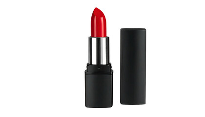 Obraz premium Vibrant red lipstick, sleek black case, on a dark background