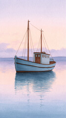 Fototapeta premium Elegant Watercolor Painting of a Tranquil Boat on Serene Waters during Sunset, Capturing the Calmness of Coastal Travel and Marine Life.