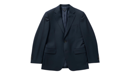 Formal dark navy single-breasted jacket displayed against a solid black background