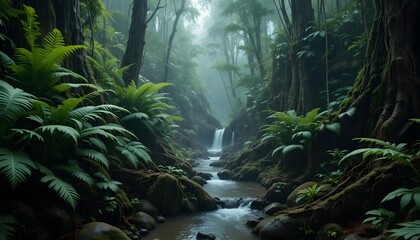 Misty Tropical Rainforest Waterfall with Lush Green Ferns and Ancient Trees