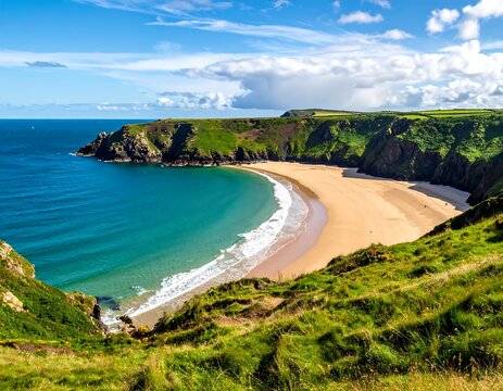 Serene coastal view Turquoise waters meeting golden sands, framed by vibrant green cliffs, under a bright, partly cloudy sky - Powered by Adobe
