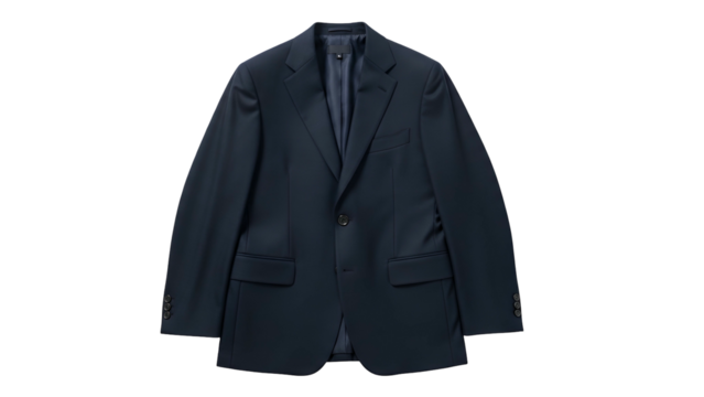 Formal dark navy single-breasted jacket displayed against a solid black background