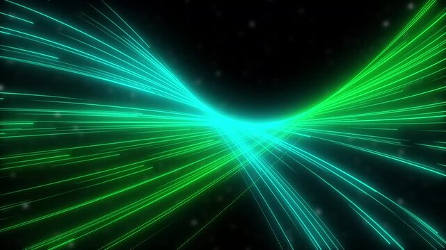 Intersecting Green and Teal Light Trails Forming a Dynamic Abstract Pattern on Black Background Keywords: abstract, background, light, trails, glowing, green, teal, blue, neon, energy, motion