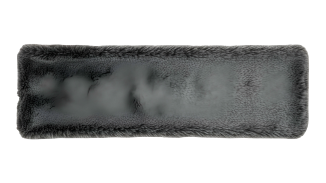 Rectangular swatch of dark gray synthetic fur material sits against a pure black background