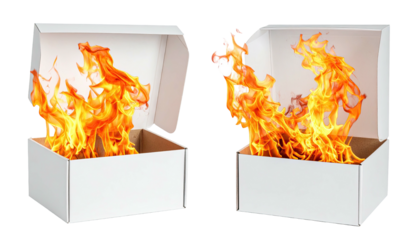 Two open white boxes with flames erupting from inside them
