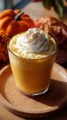 Pumpkin latte with orange and cream swirls topped with whipped cream and cinnamon, cozy autumn drink on wooden tray