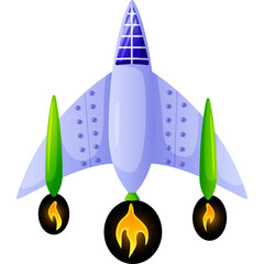 Light Blue Cartoon Spaceship with Green Wings and Fiery Engines Ascending Upwards Against a Transparent Background Isolated Spacecraft Illustration