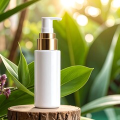 White pump bottle on a wooden stand, nature background